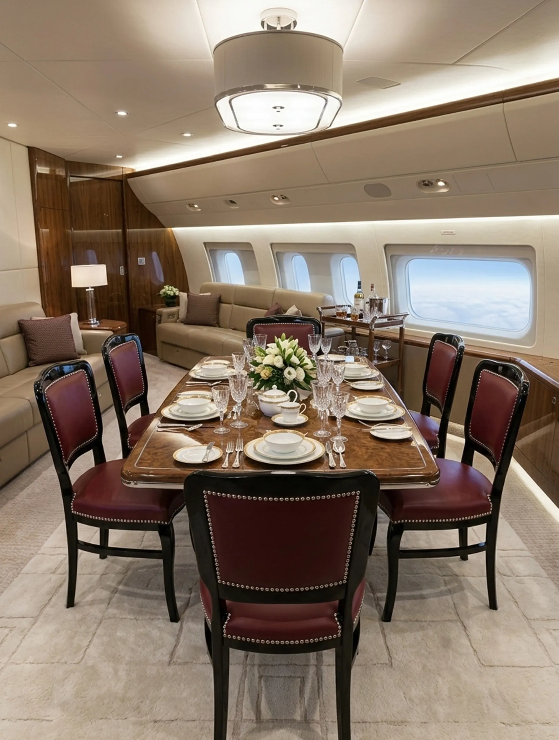 View of 6 antique chairs around a table in an elegant setting