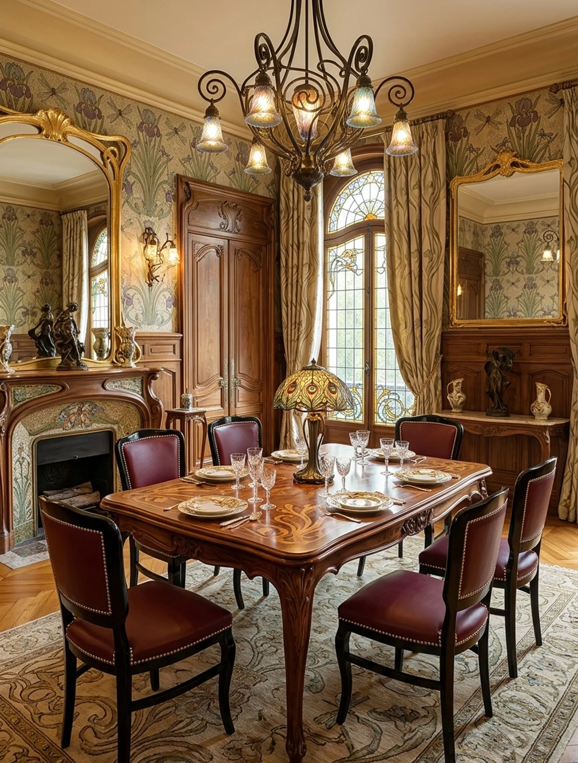 6 antike Stühle in einem eleganten Esszimmer mit einer Lampe.