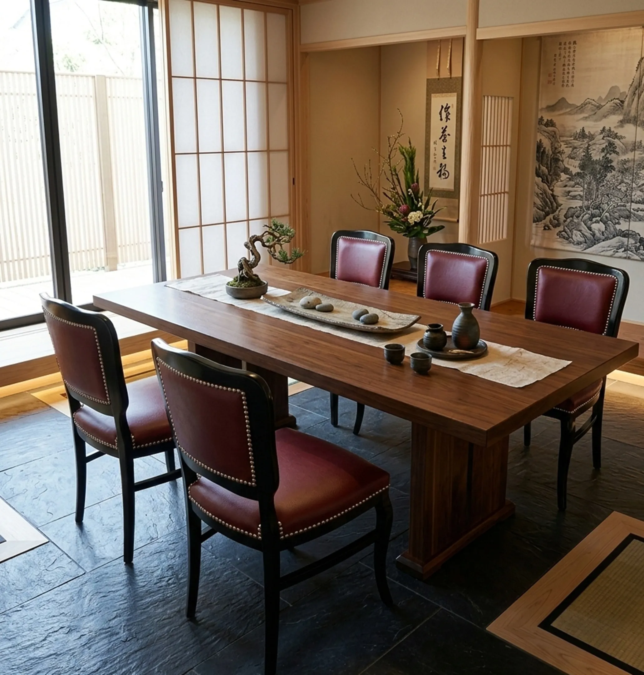Six antique chairs with red upholstery in minimalist dining room