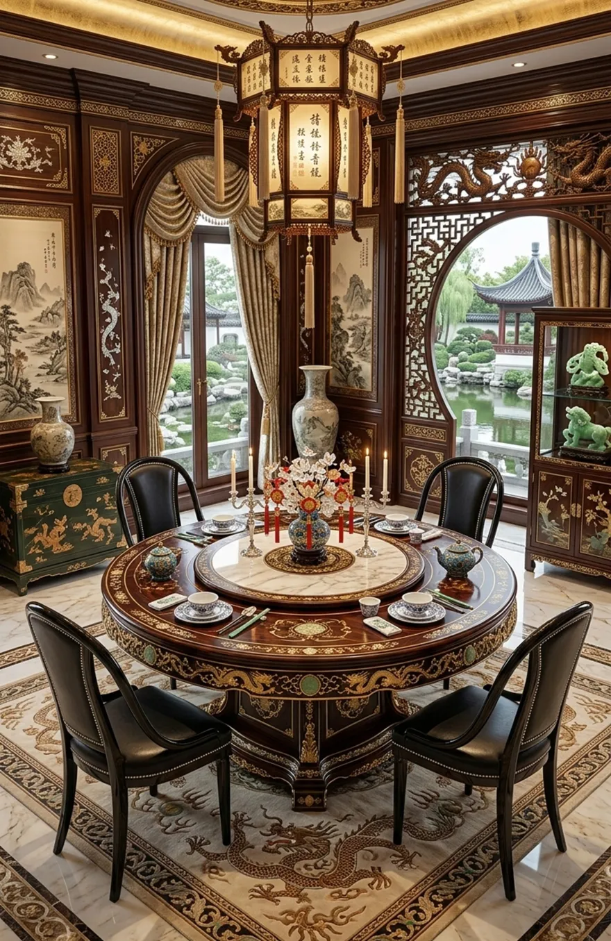 Four antique thonet chairs arranged in an elegant setting with a table and decor.