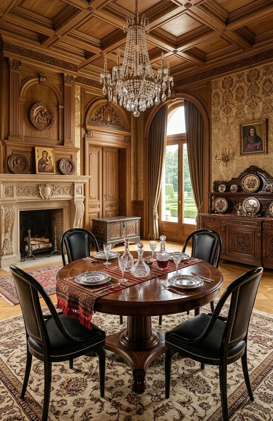 Ensemble de 4 chaises thonet anciennes à restaurer dans une salle à manger élégante avec une table ronde