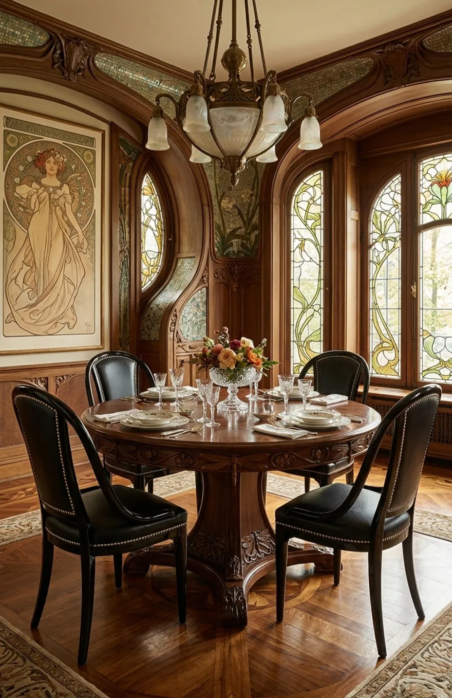 Quattro sedie antiche thonet disposte in una sala da pranzo elegante