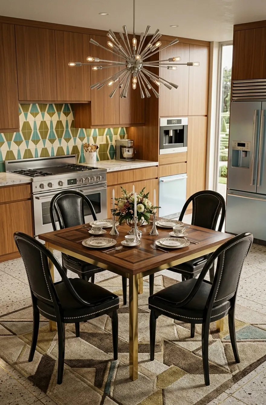 4 cadeiras antigas thonet dispostas ao redor de uma mesa em um ambiente moderno, com decoração floral.
