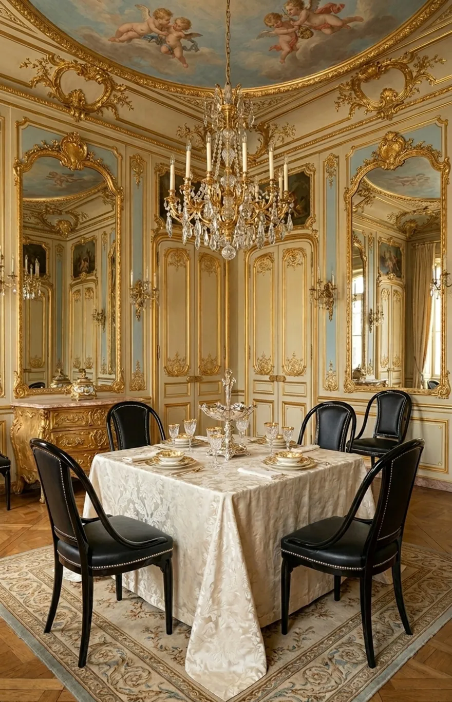 Quattro sedie antiche thonet attorno a un tavolo elegante, decorate con cristalli e porcellana.