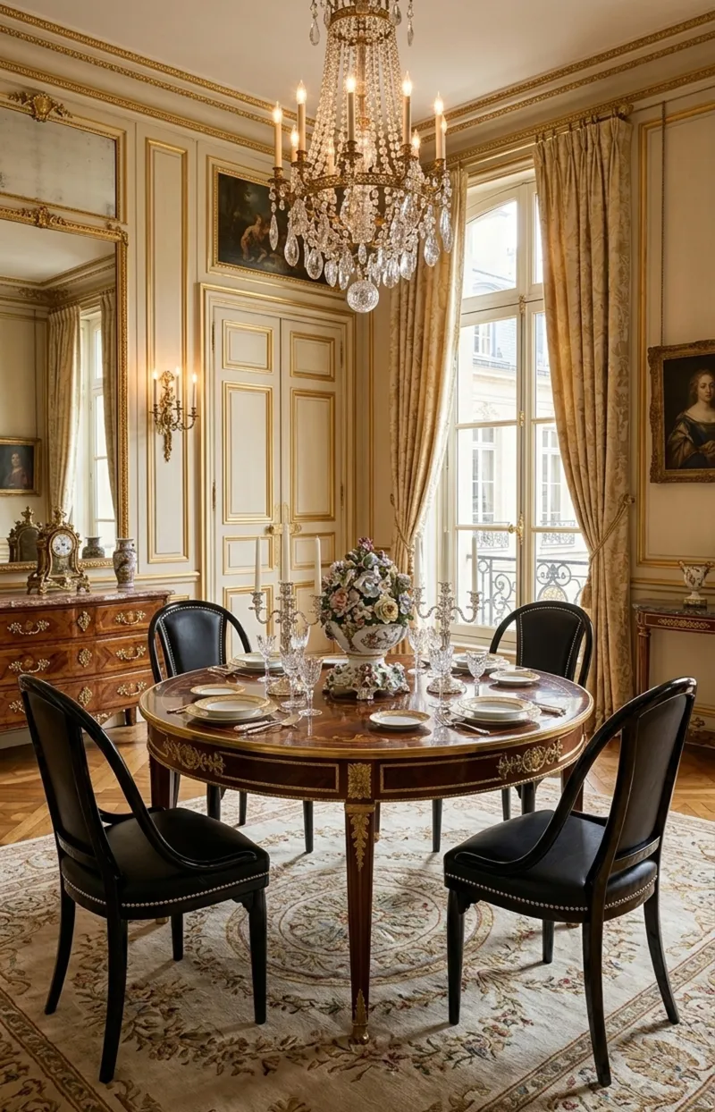 أربعة كراسي قديمة thonet في غرفة طعام أنيقة، مع طاولة مستديرة وزينة كلاسيكية.