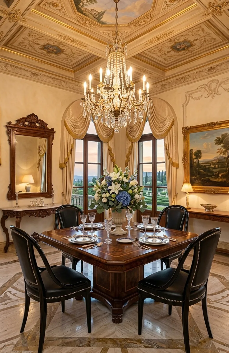 4 anciennes chaises thonet dans une salle à manger élégante avec lustre