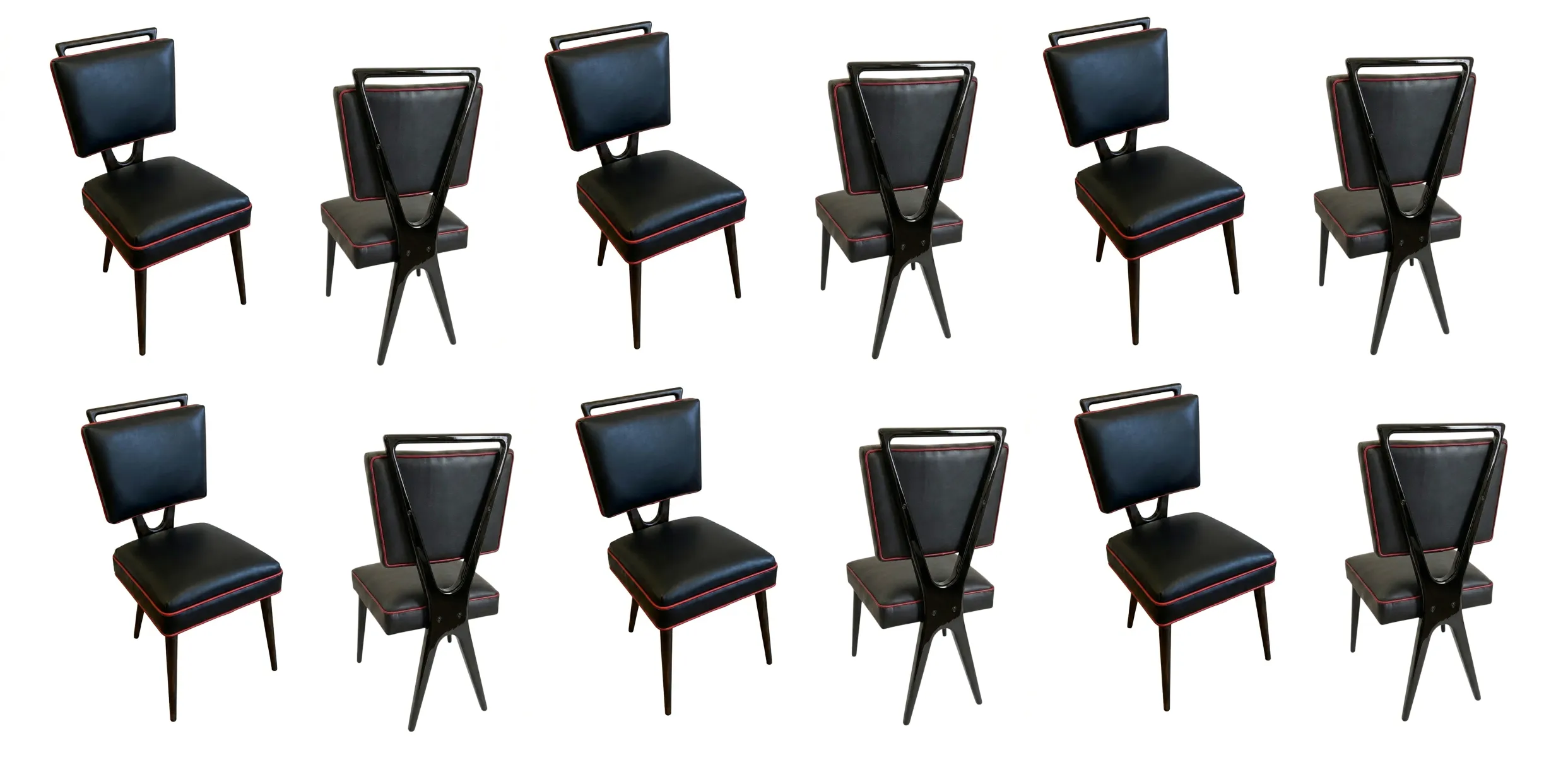 Set of 12 antique chairs in dark colors, perfect for restoration.