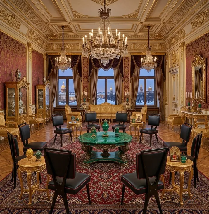 Cadeiras antigas em um elegante salão, cercadas por elementos decorativos luxuosos.