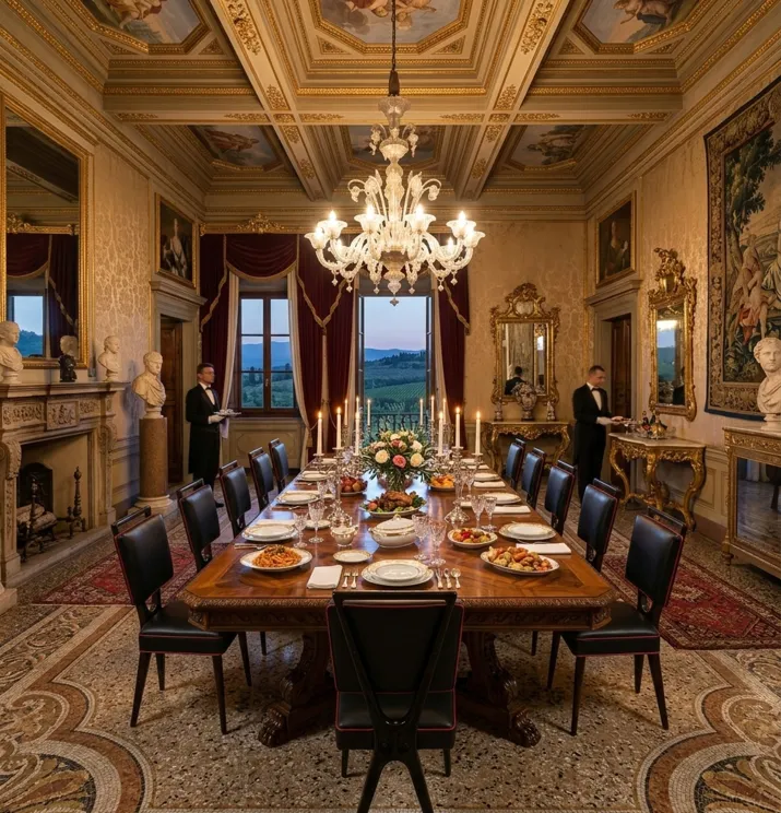 Eleganter Tisch mit 12 antiken Stühlen in einer luxuriösen Umgebung.