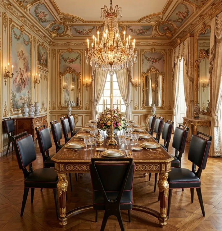 Douze chaises anciennes dans une salle à manger luxueuse avec des chandeliers