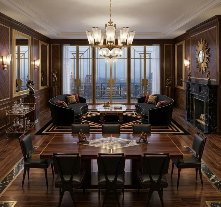 Vista de 12 cadeiras antigas em um ambiente elegante com detalhes de iluminação e decoração.