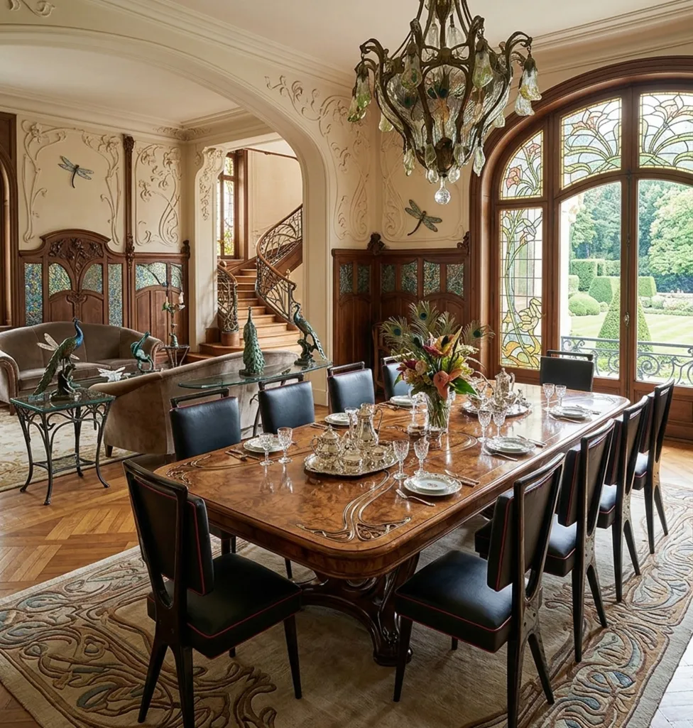 12 sillas antiguas en un comedor elegante con decoración clásica.