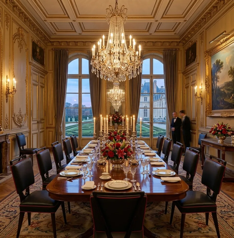 우아한 식사 공간에 있는 테이블에 12개의 앤틱 의자가 있습니다.