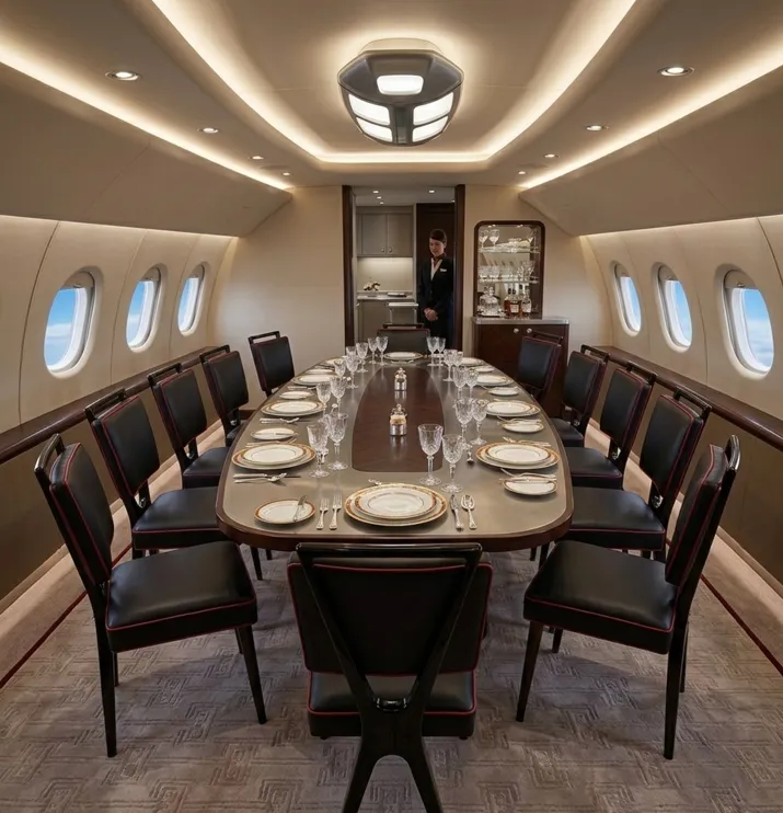 우아하고 아늑한 환경에 있는 의자 12개 세트, 테이블 세팅 포함.