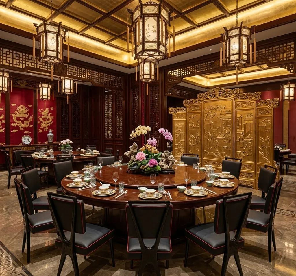 Set di 12 sedie antiche in una sala da pranzo elegante, circondate da decorazioni lussuose.