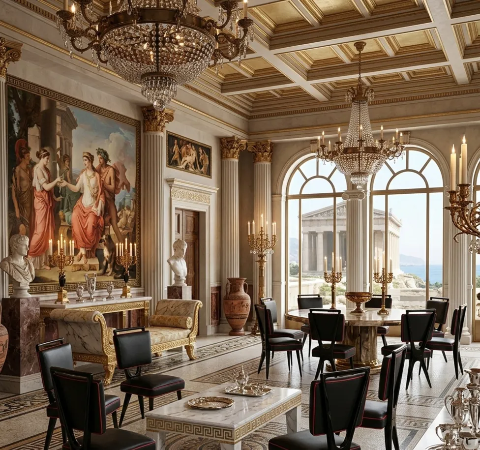 Ambiente clássico com 12 cadeiras antigas para restaurar, candelabros e arte