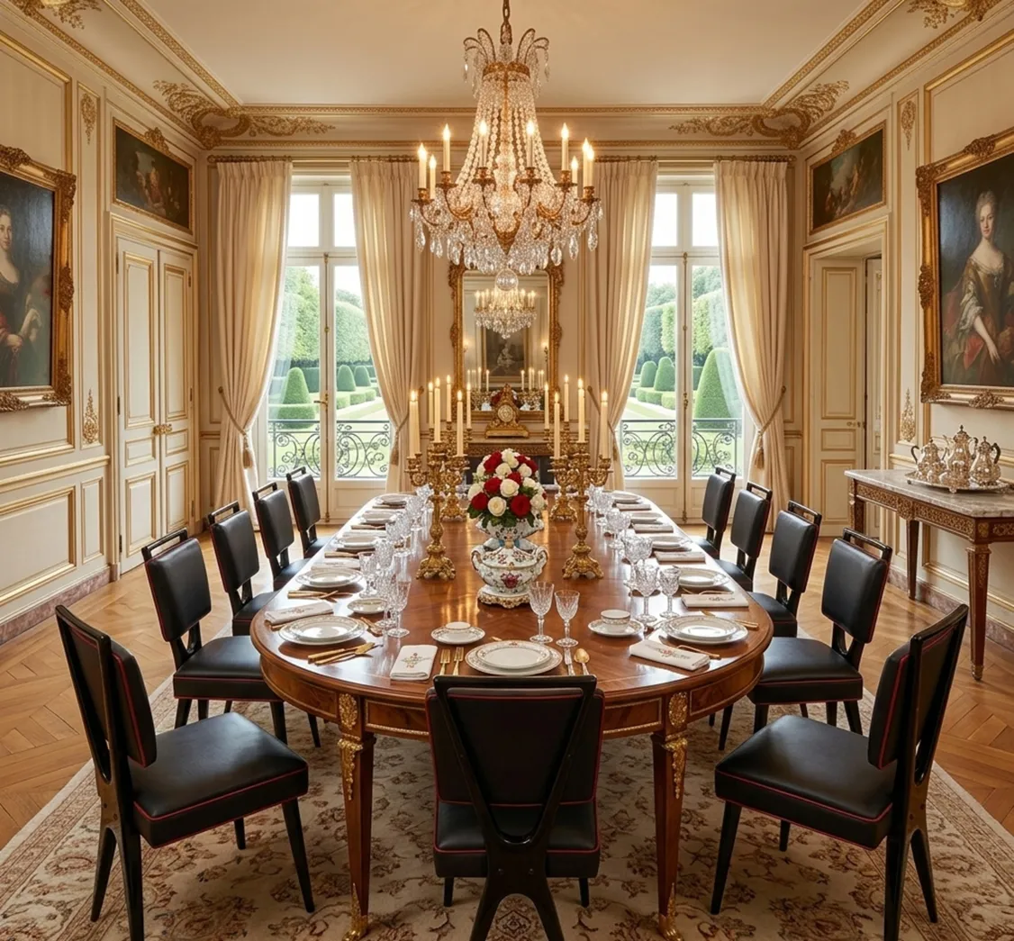 Salle à manger élégante avec 12 chaises anciennes et une table exquise, centre de fleurs et candélabres