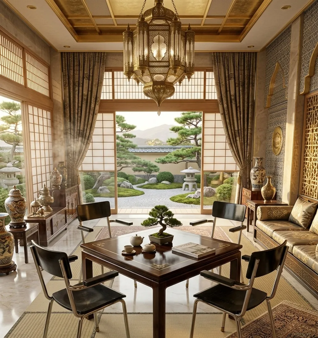 Four antique chairs in an elegant room with a Japanese garden