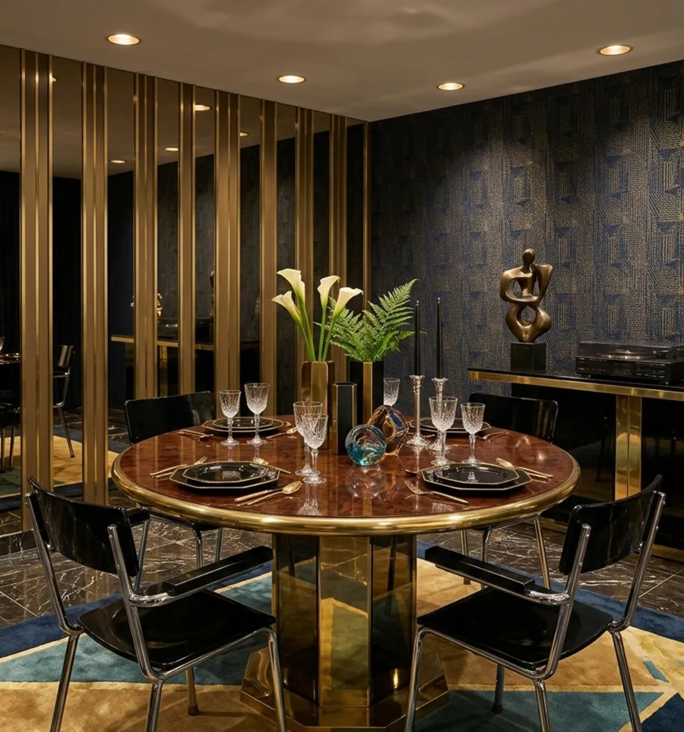 Quatro cadeiras antigas em um elegante espaço de jantar com decorações