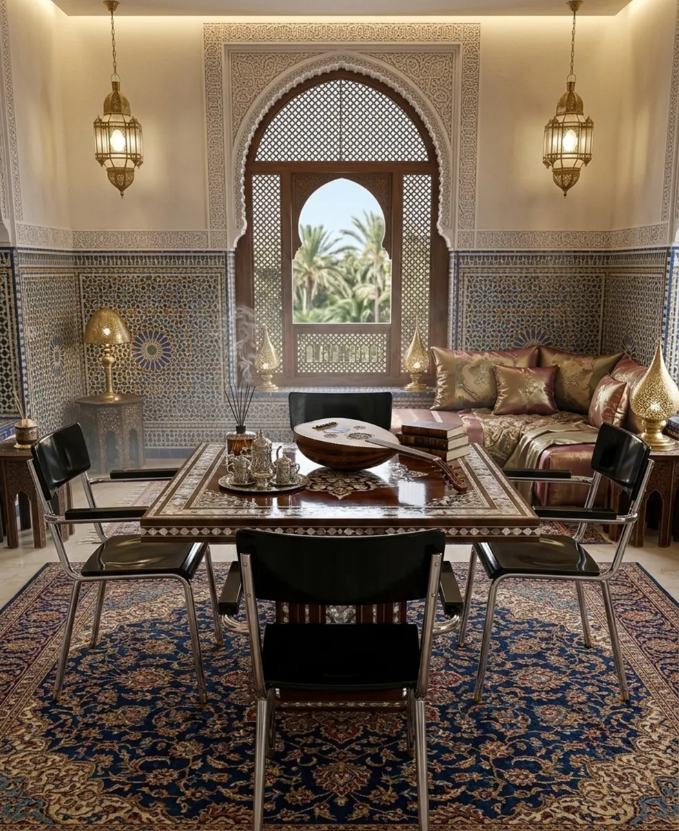 우아하게 꾸며진 방에 있는 4개의 오래된 바우하우스 의자