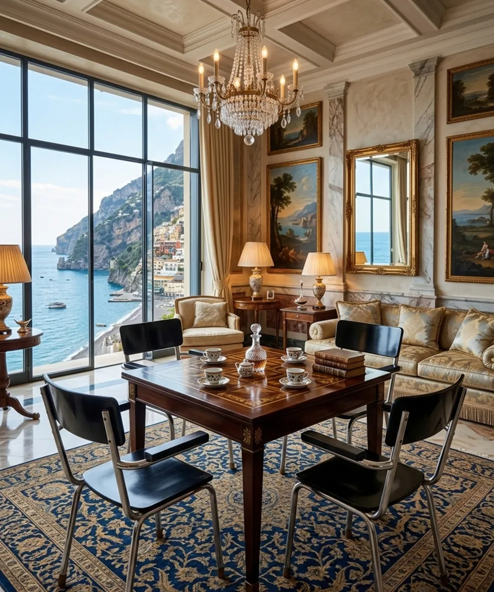 4 antique bauhaus chairs in an elegant space with sea view