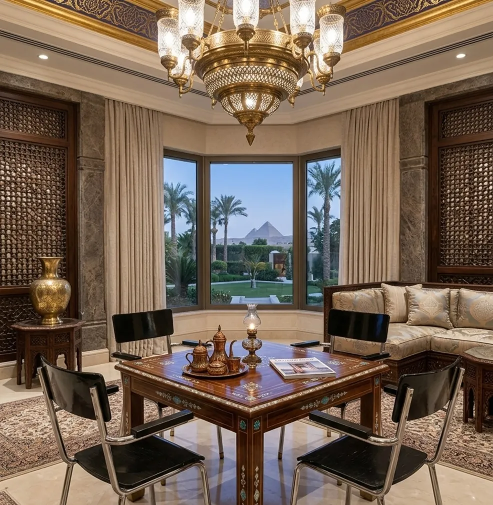 Cuatro sillas antiguas bauhaus en una elegante sala con ventanales