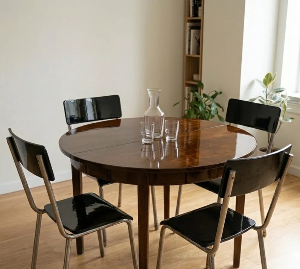 cuatro sillas antiguas de estilo bauhaus junto a una mesa