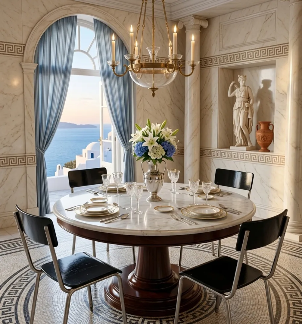 Four antique chairs in an elegant setting with sea views