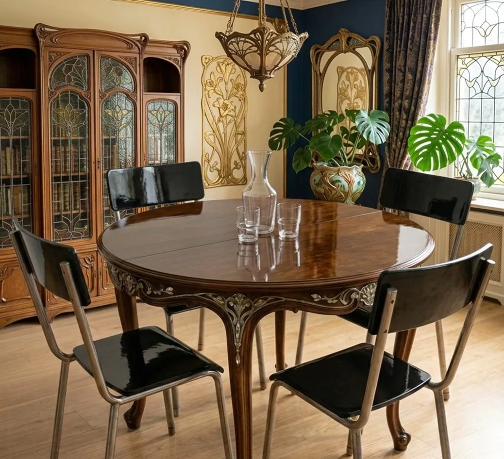 View of 4 antique Bauhaus chairs in an elegant dining room