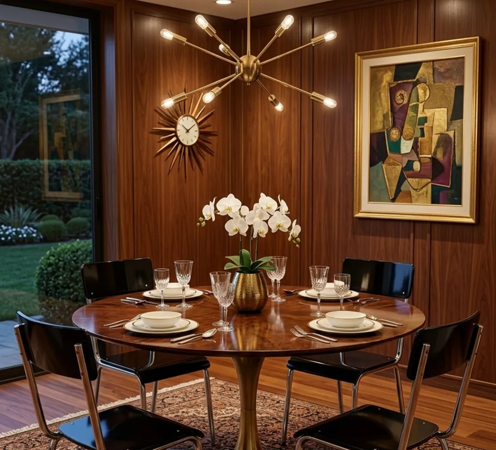 Round dining table with 4 antique chairs in an elegant setting
