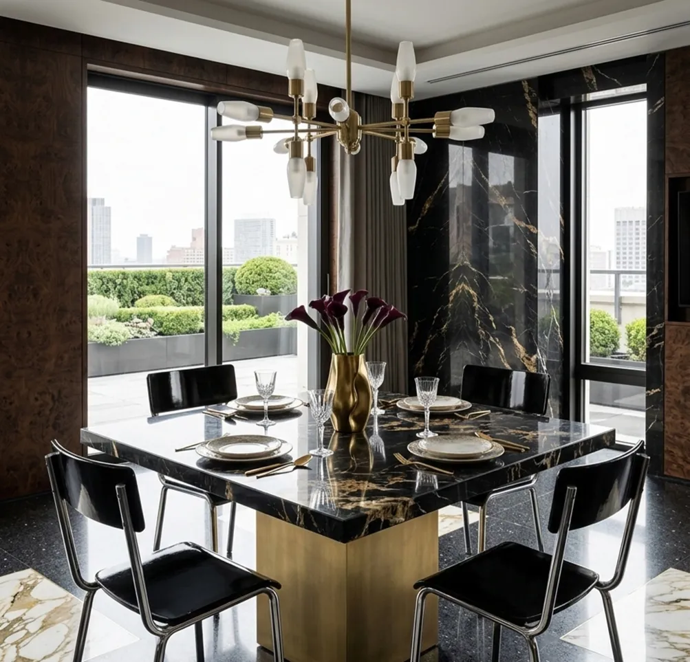 Quatro cadeiras antigas de estilo Bauhaus em uma elegante sala de jantar