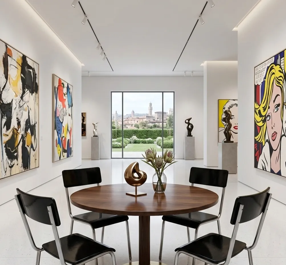 Quattro sedie antiche Bauhaus attorno a un tavolo in un ambiente moderno con arte contemporanea