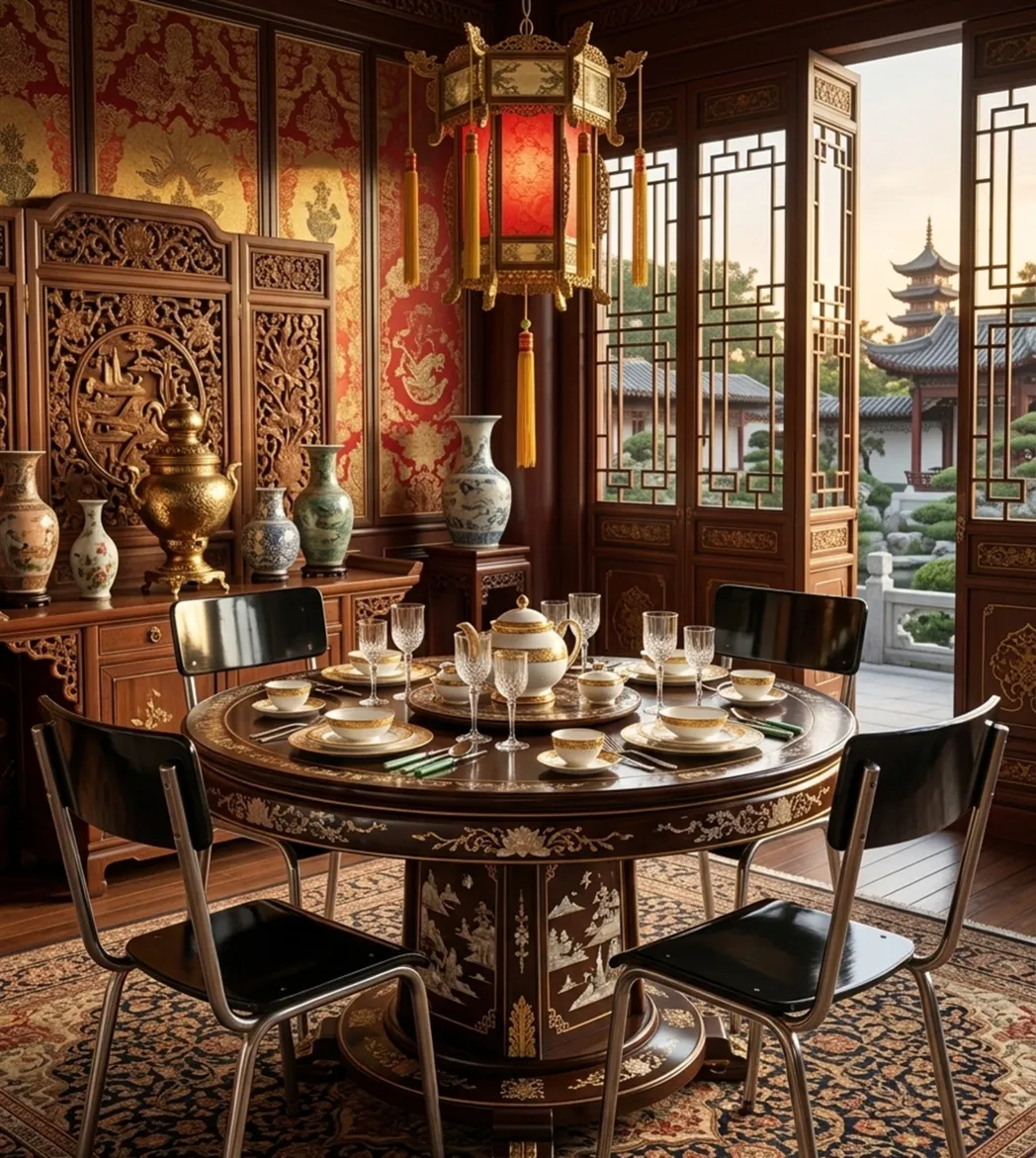 古いバウハウスの椅子が装飾的なテーブルの横にあります