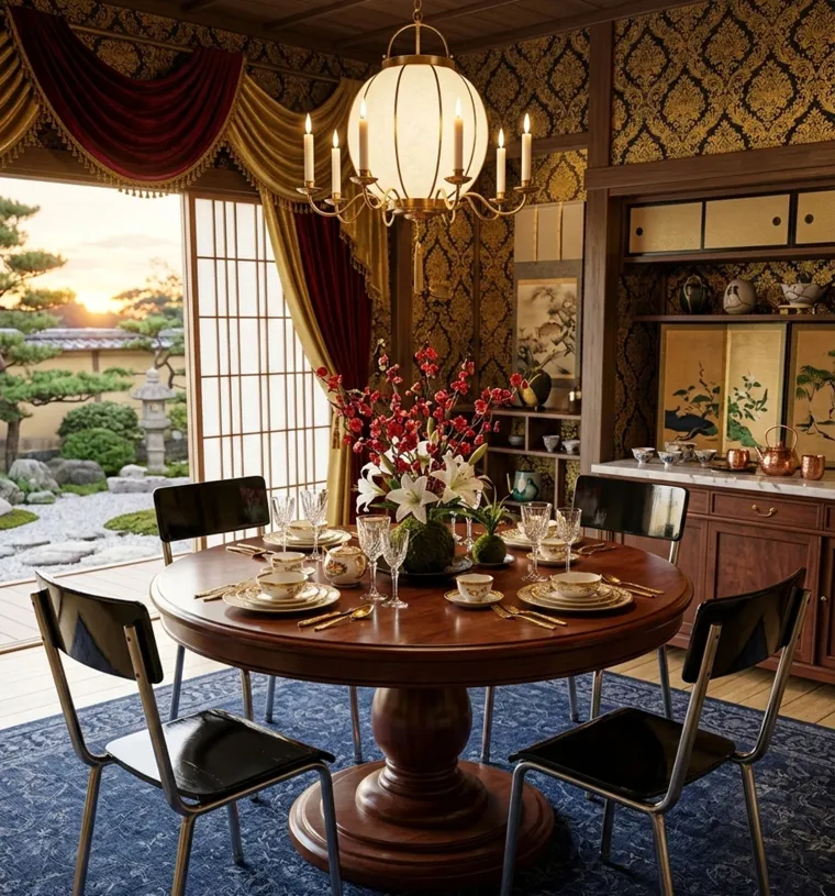 Quatro cadeiras antigas em uma sala de jantar com mesa redonda e decoração elegante. Flores e utensílios dispostos na mesa.