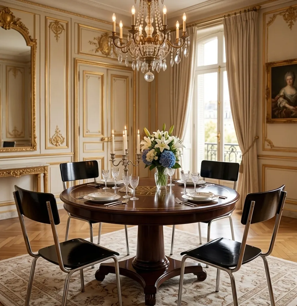 Quatro cadeiras pretas antigas em frente a uma mesa elegante