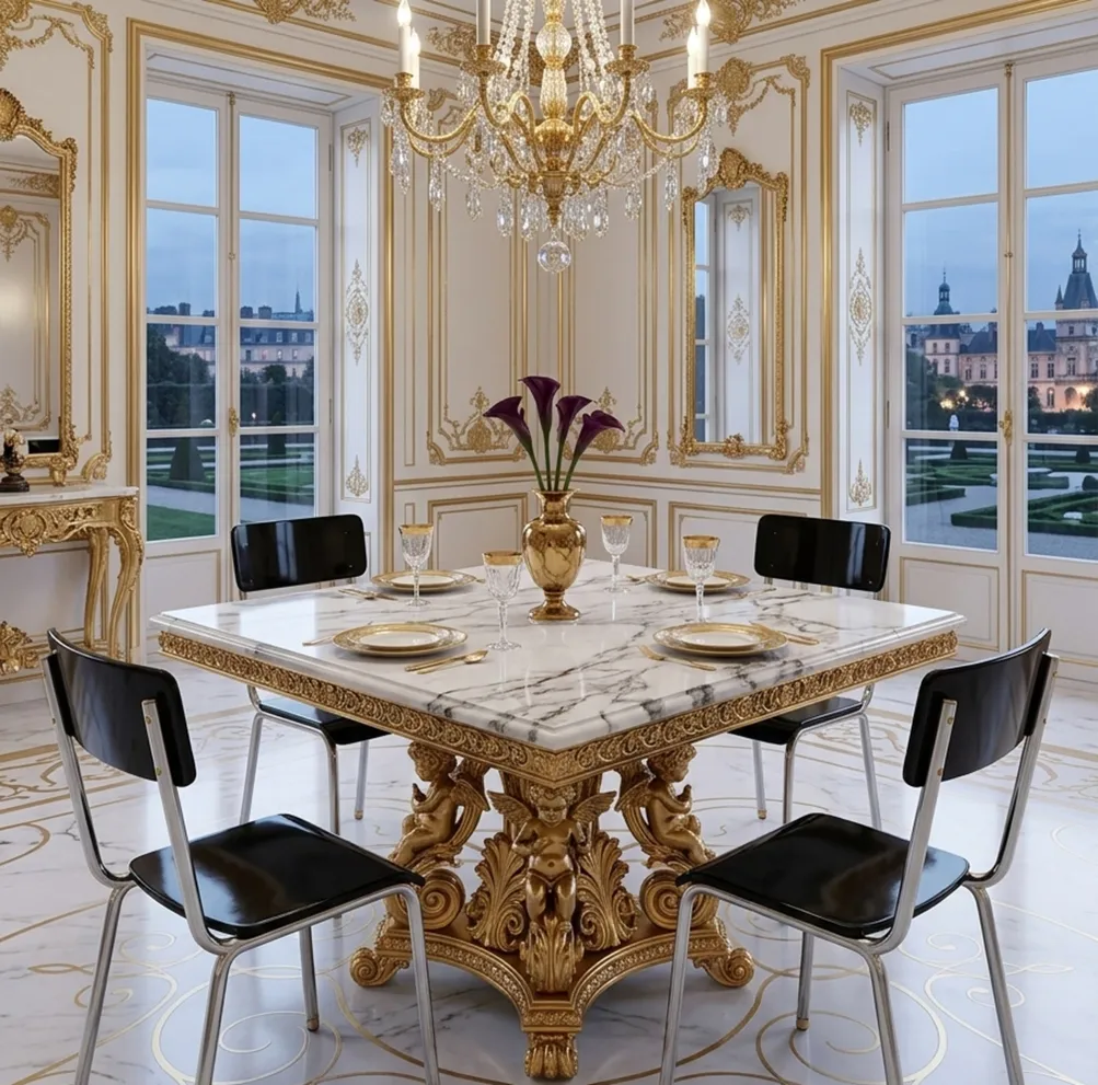 Four antique bauhaus chairs in an elegant dining room setting.