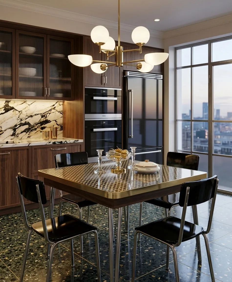 Quatro cadeiras antigas Bauhaus em uma sala de jantar moderna.