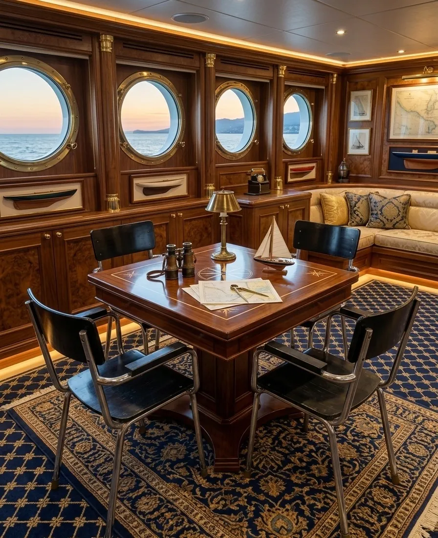 चार प्राचीन कुर्सियाँ एक शानदार सेटिंग में बड़ी खिड़कियों के साथ