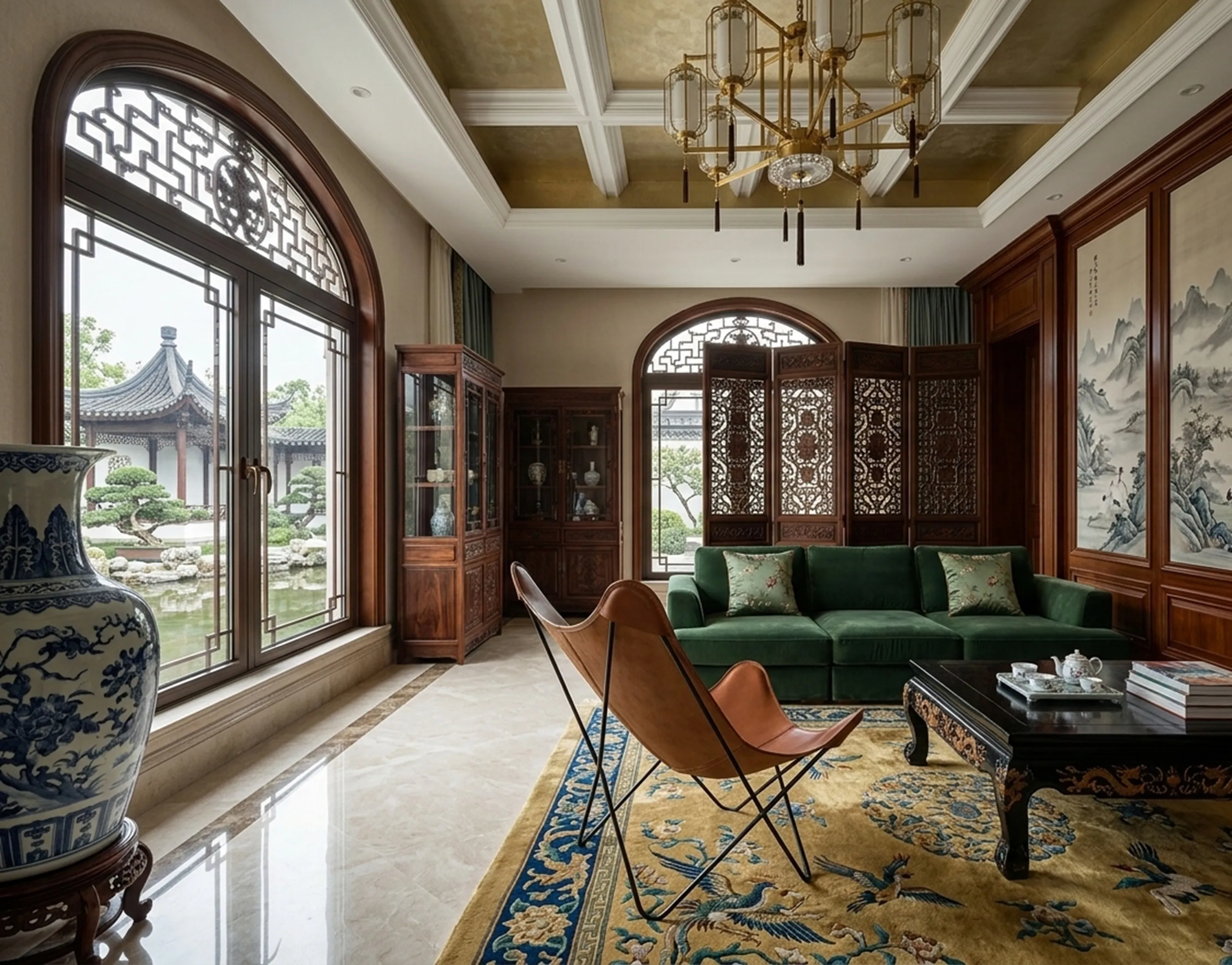 Poltrona antiga BKF em uma sala de estar elegante com decoração clássica.