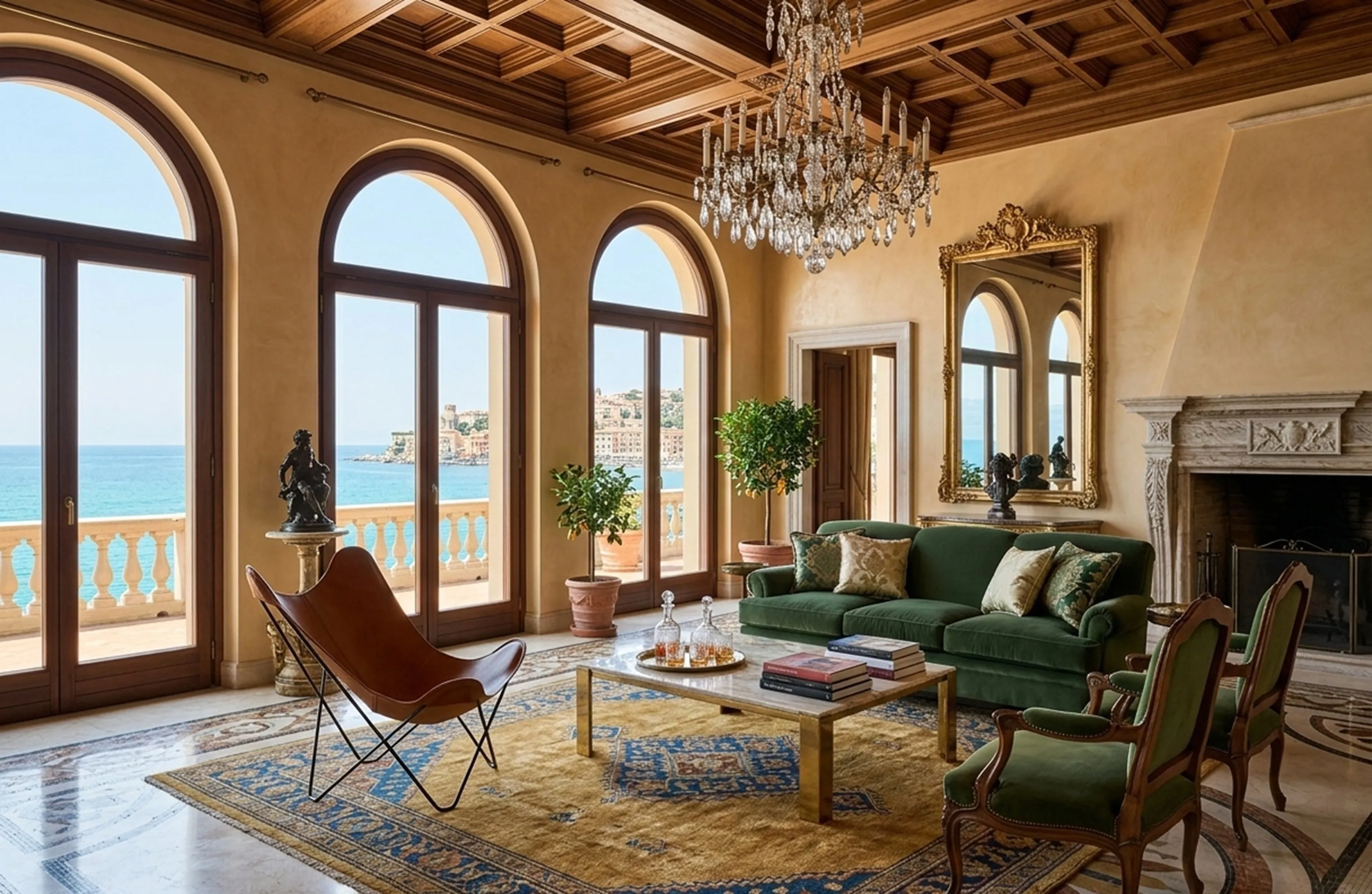 Poltrona antiga BKF em uma sala elegante com vista para o mar, cercada por plantas verdes e decoração.