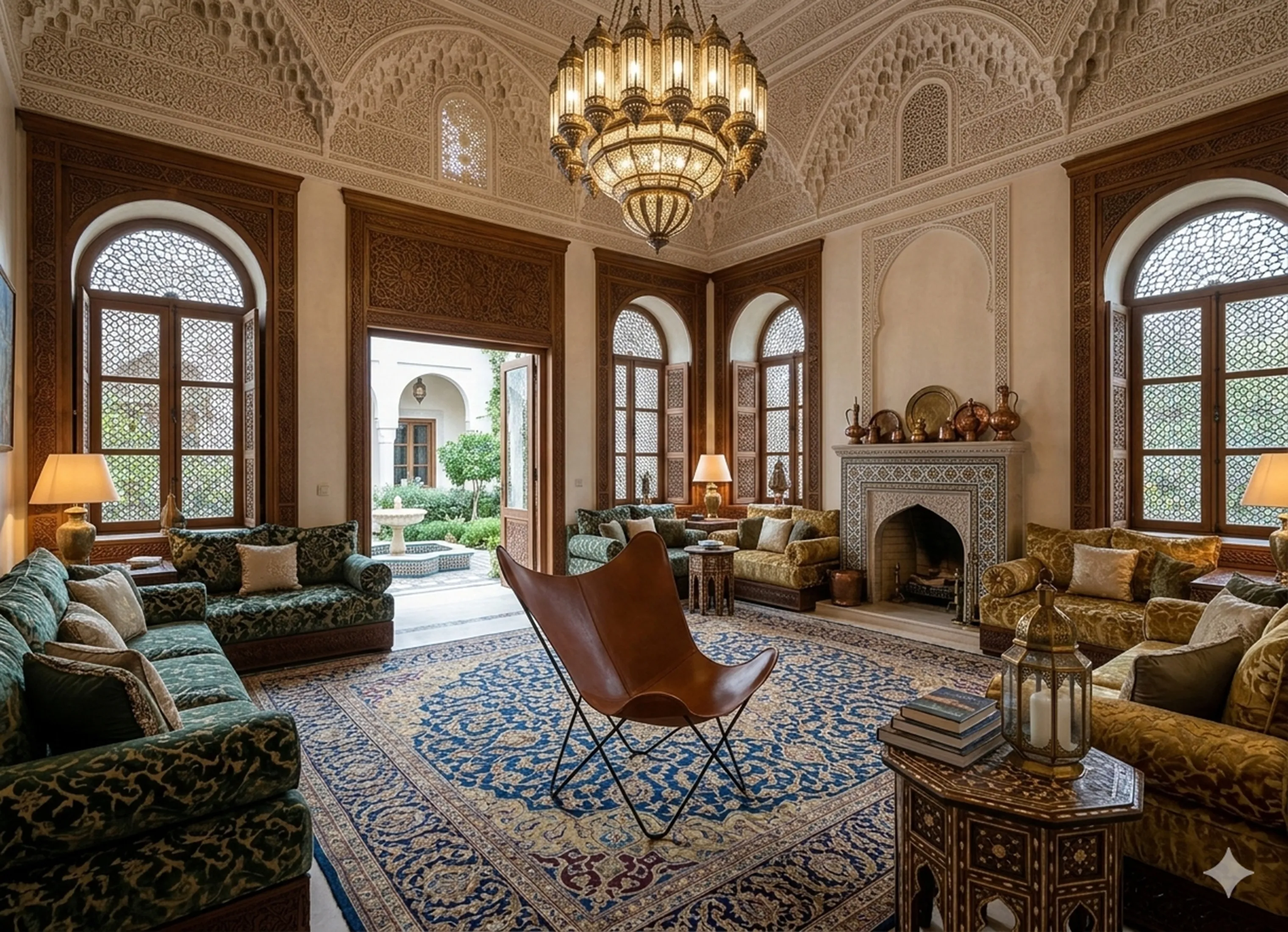 antik Sessel BKF in einem eleganten Wohnzimmer mit Lampe und Sofas.