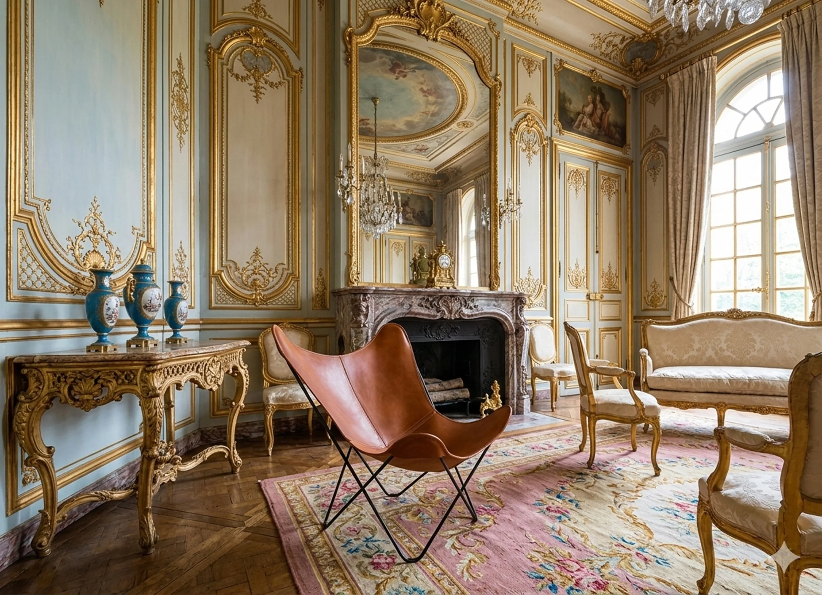 Poltrona antica BKF in un ambiente elegante con decorazioni dorate.