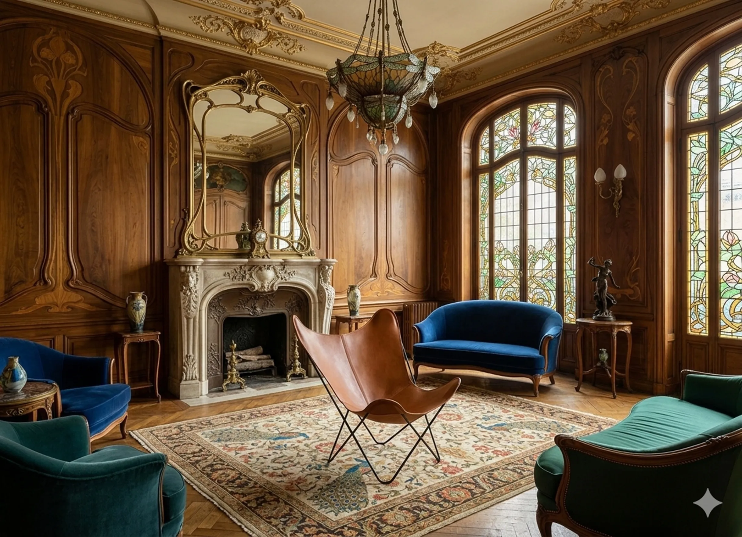 Poltrona antiga BKF em um ambiente elegante com janela artística.