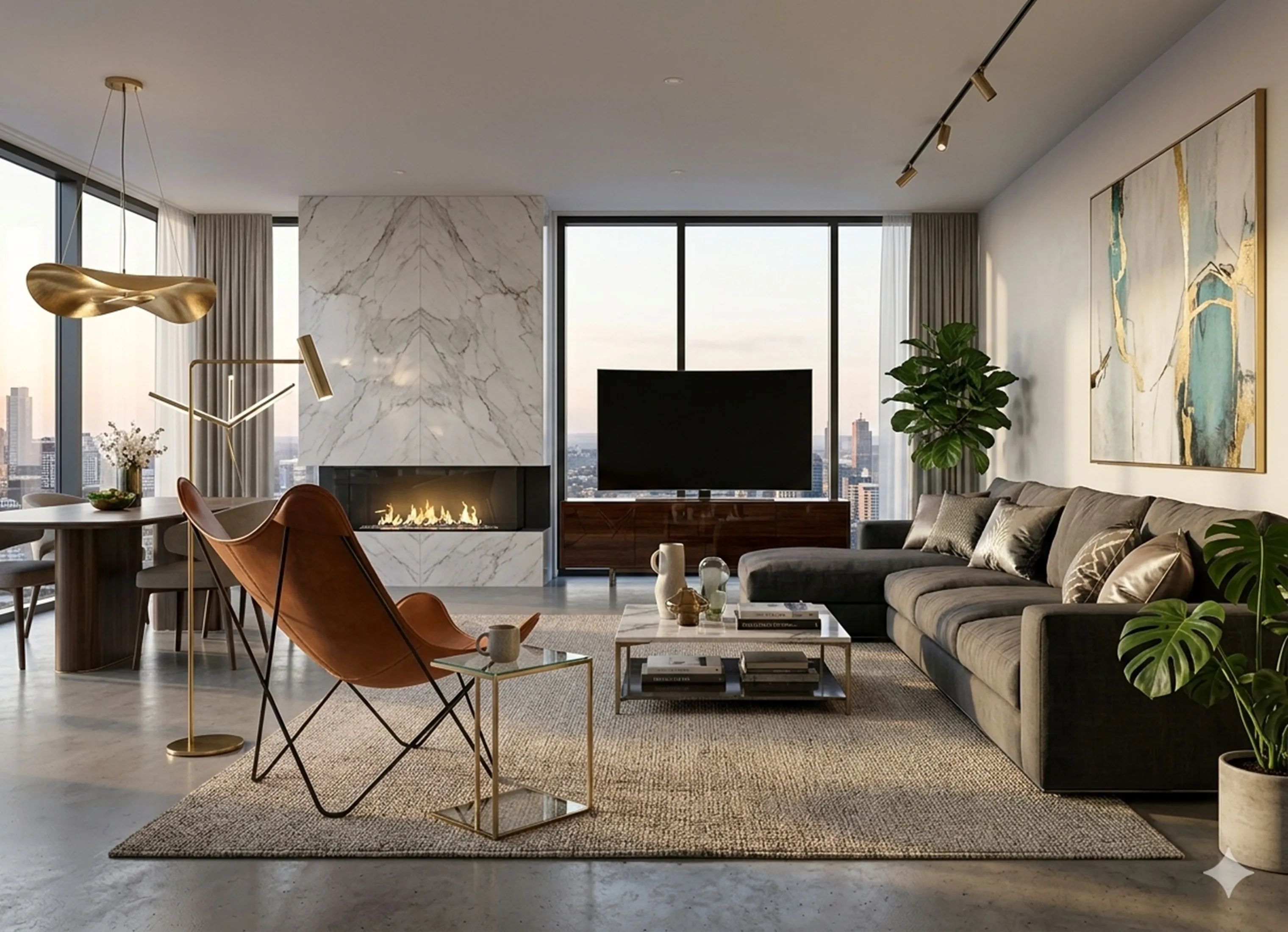 Sillón antiguo BKF en un moderno salón con chimenea