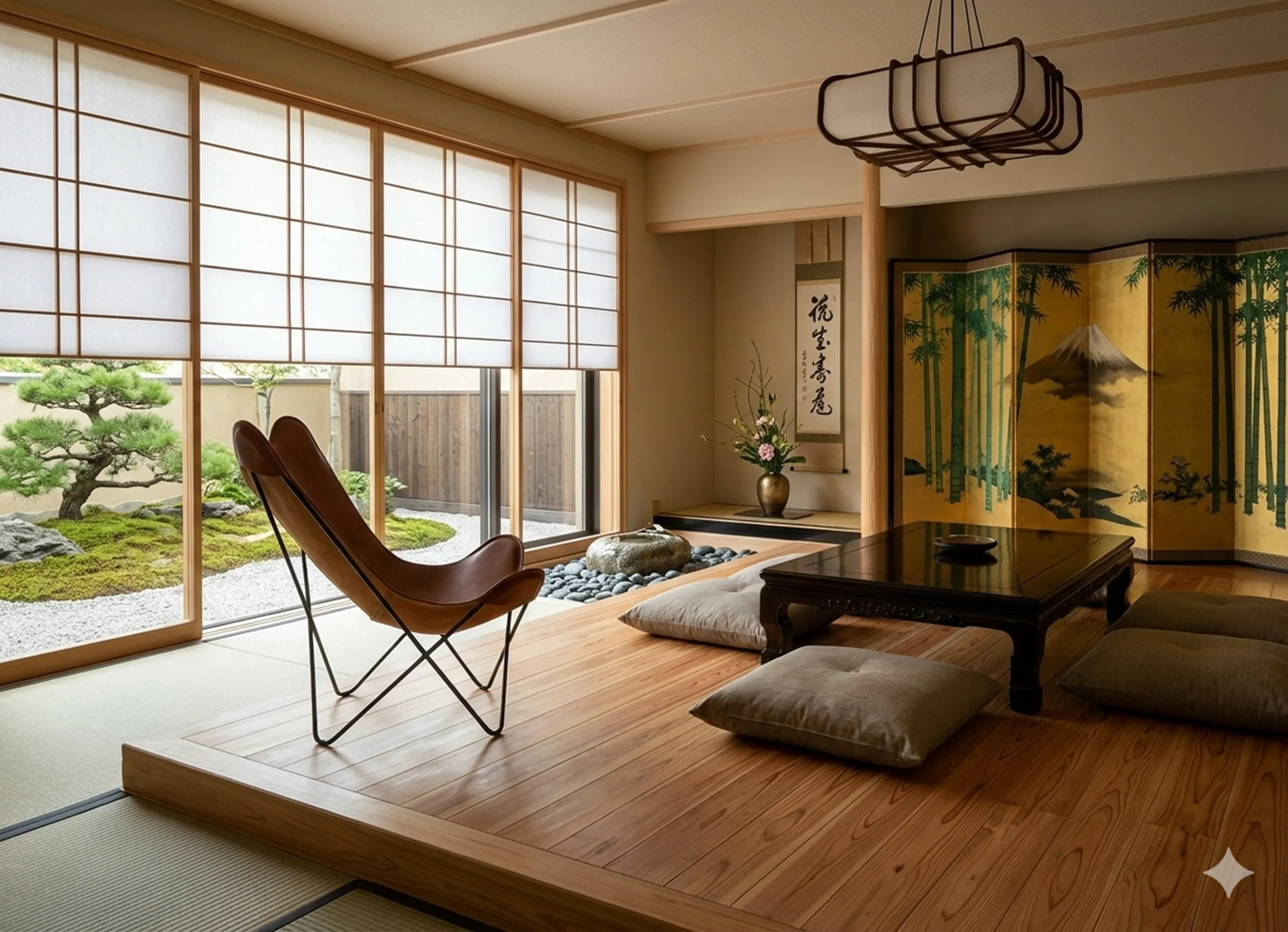 Fauteuil ancien BKF dans un cadre traditionnel japonais avec des plantes