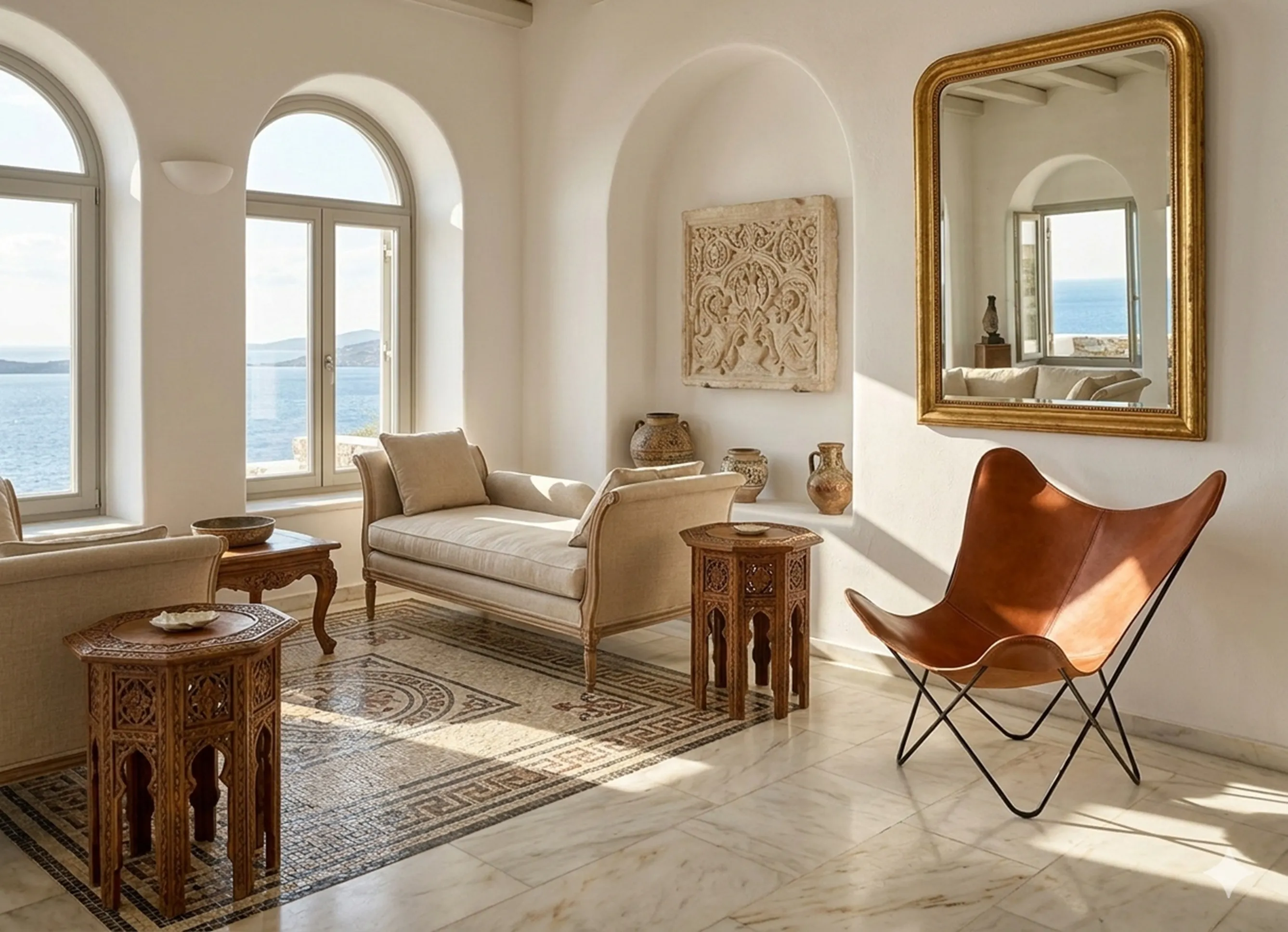 Antique BKF armchair in a bright room with sea view.
