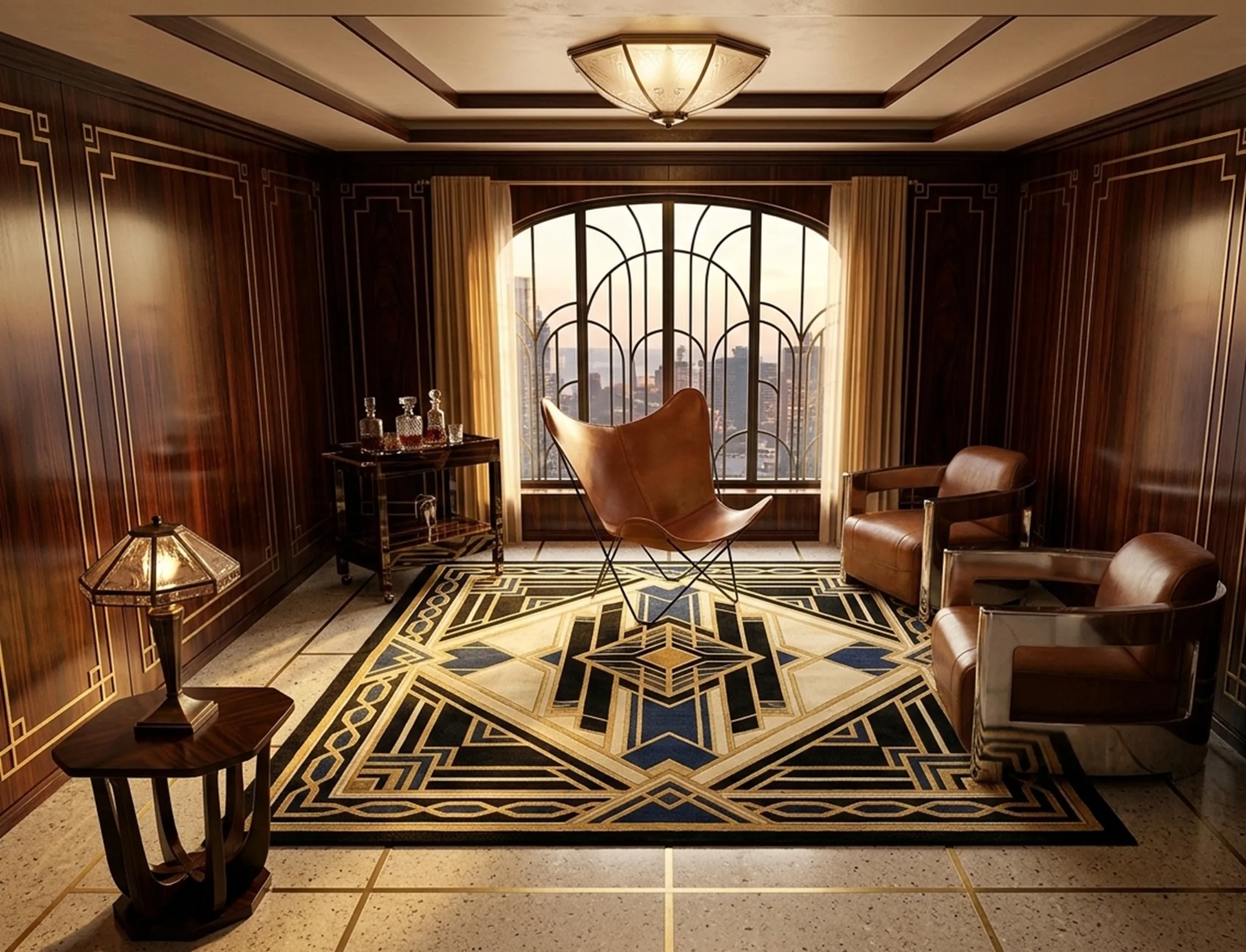 Antique BKF armchair in an elegant setting with lamp and table.