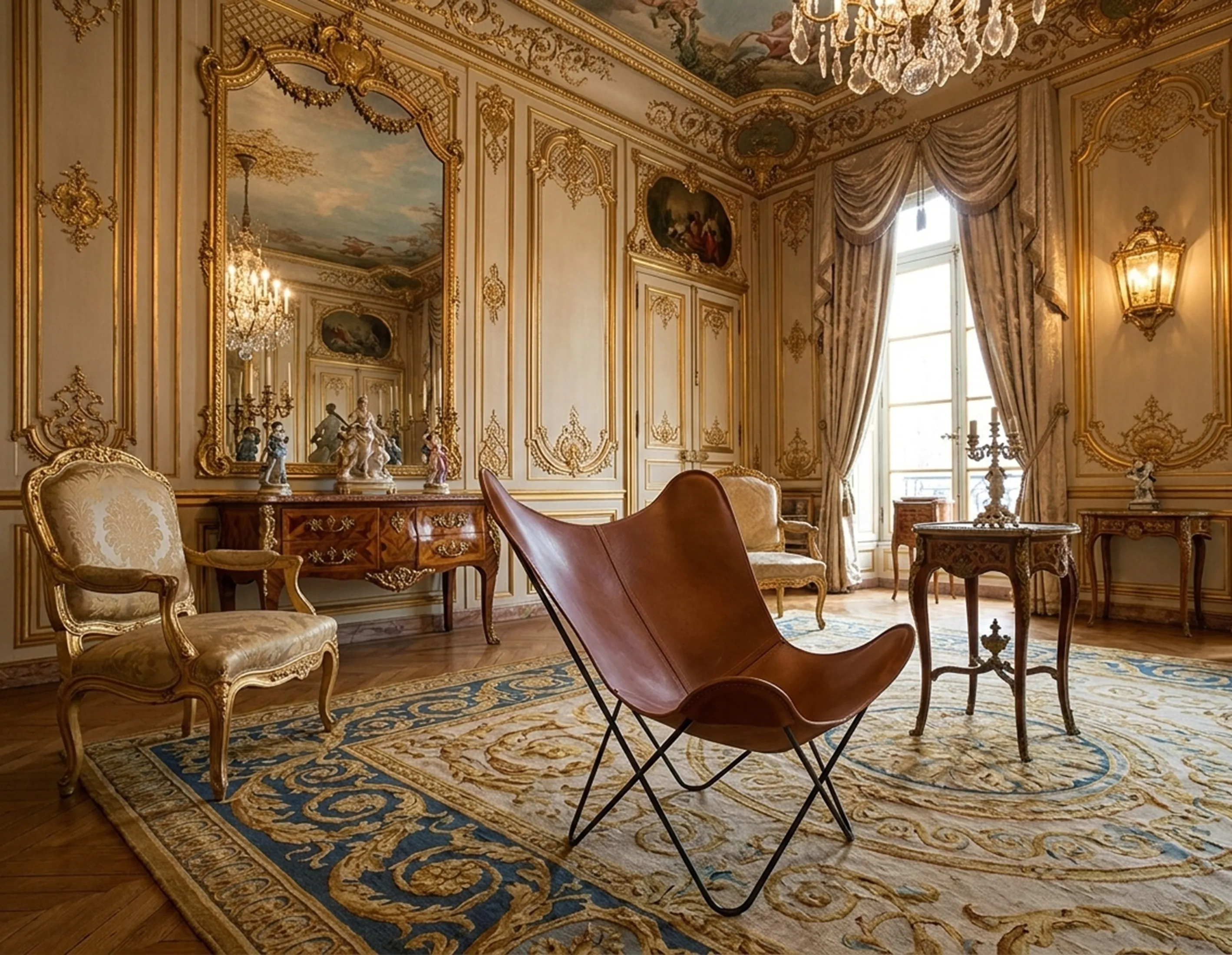 Fauteuil ancien BKF dans un cadre classique élégant avec décoration dorée et miroir