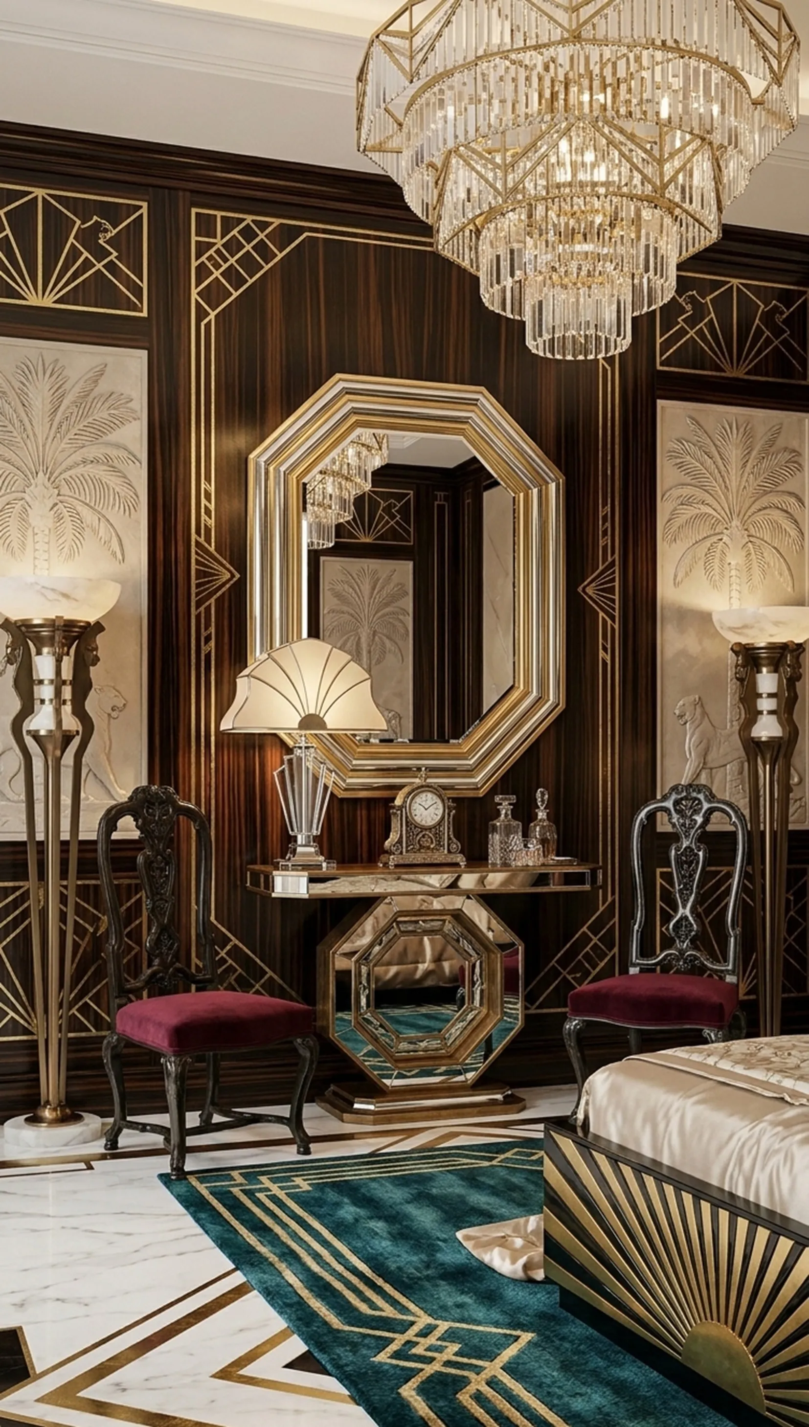 two antique chairs to restore in an elegant setting with a lamp and mirror.