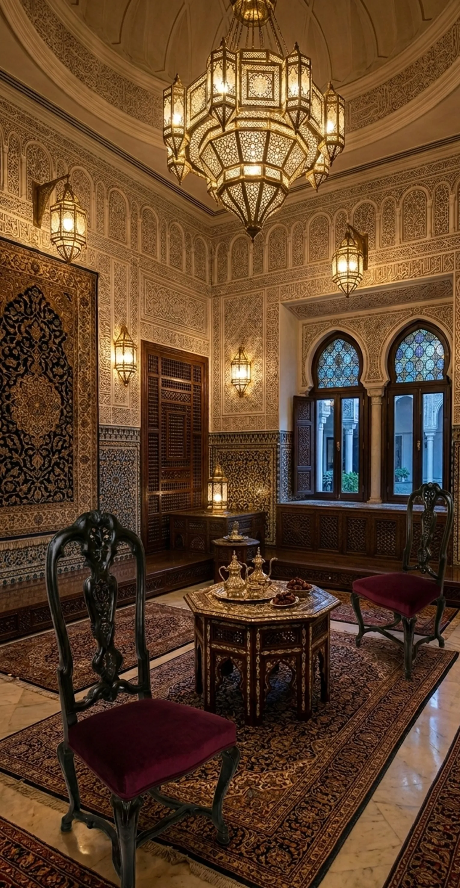 two antique chairs with purple upholstery in an elegantly decorated environment
